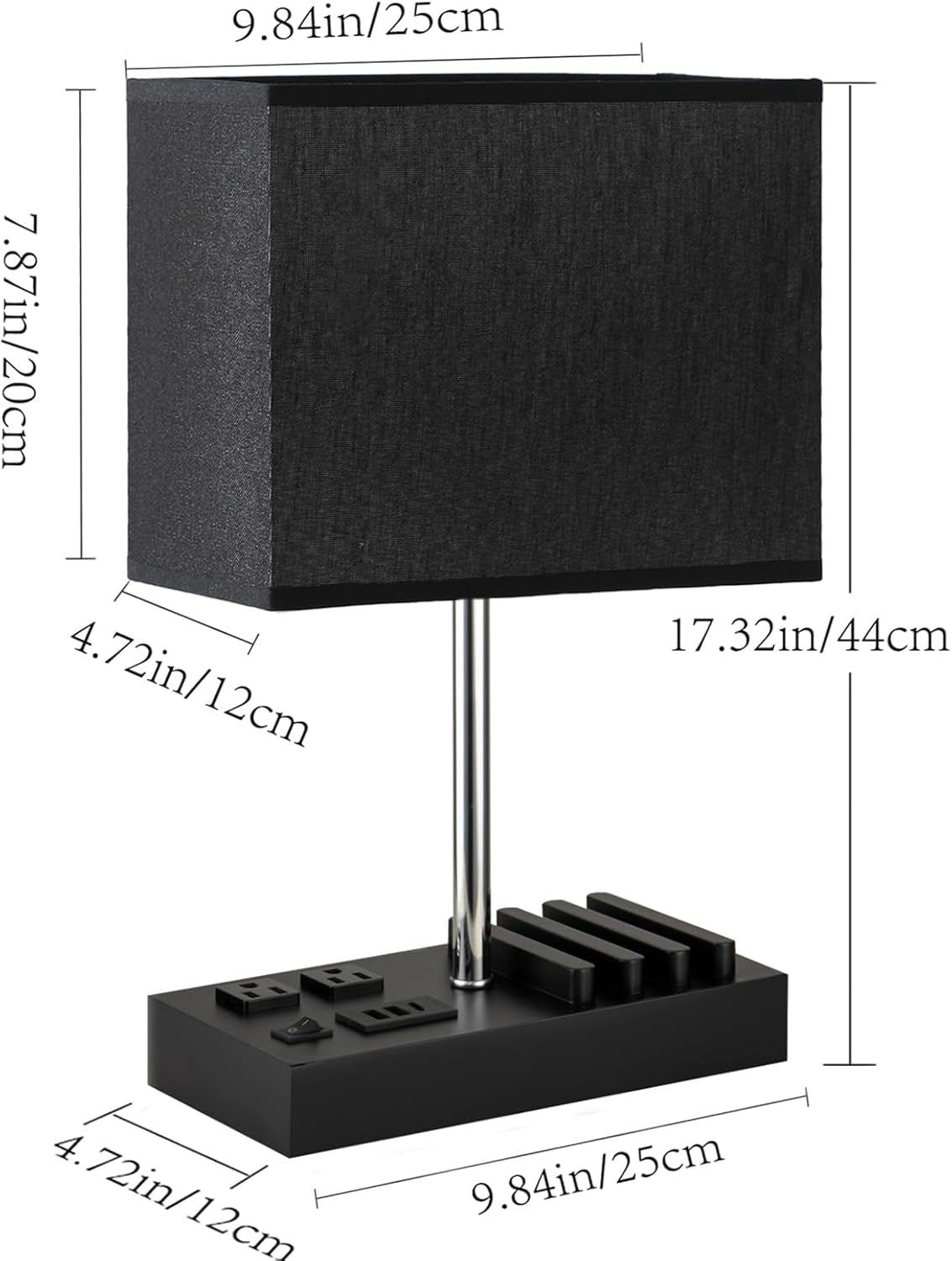 Briever USB Table Lamp: Versatile Bedside Desk Lamp with Dual AC Outlets, Triple USB Charging Ports, and Wooden Phone Stand Organizer - Perfect Nightstand Lighting Solution in Black Shade
