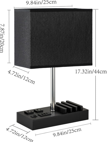 Briever USB Table Lamp: Versatile Bedside Desk Lamp with Dual AC Outlets, Triple USB Charging Ports, and Wooden Phone Stand Organizer - Perfect Nightstand Lighting Solution in Black Shade