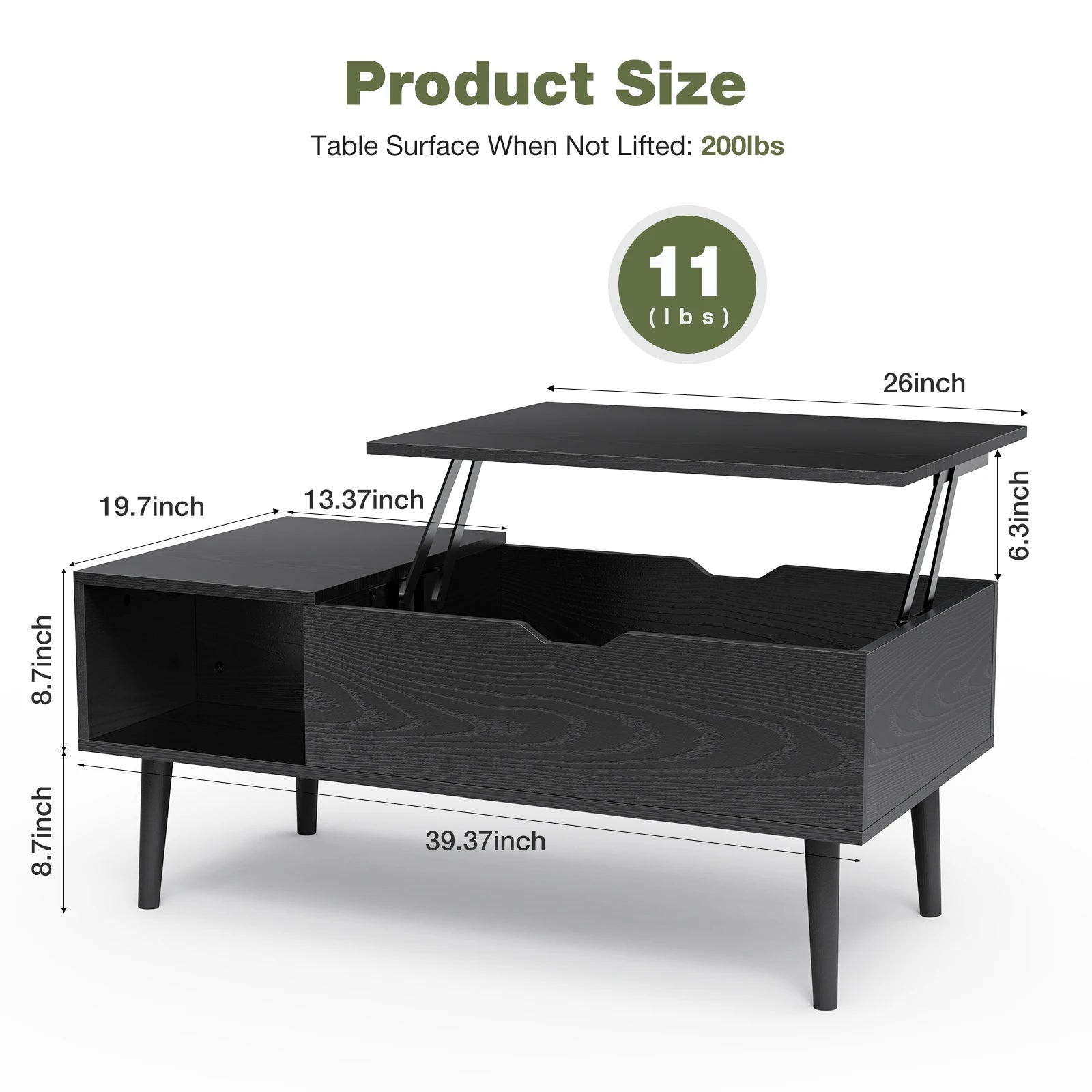 JHK Adjustable Lift-Top Coffee Table for Living Room - 39.37" x 19.7" with Storage Shelf and Easy Lift Mechanism