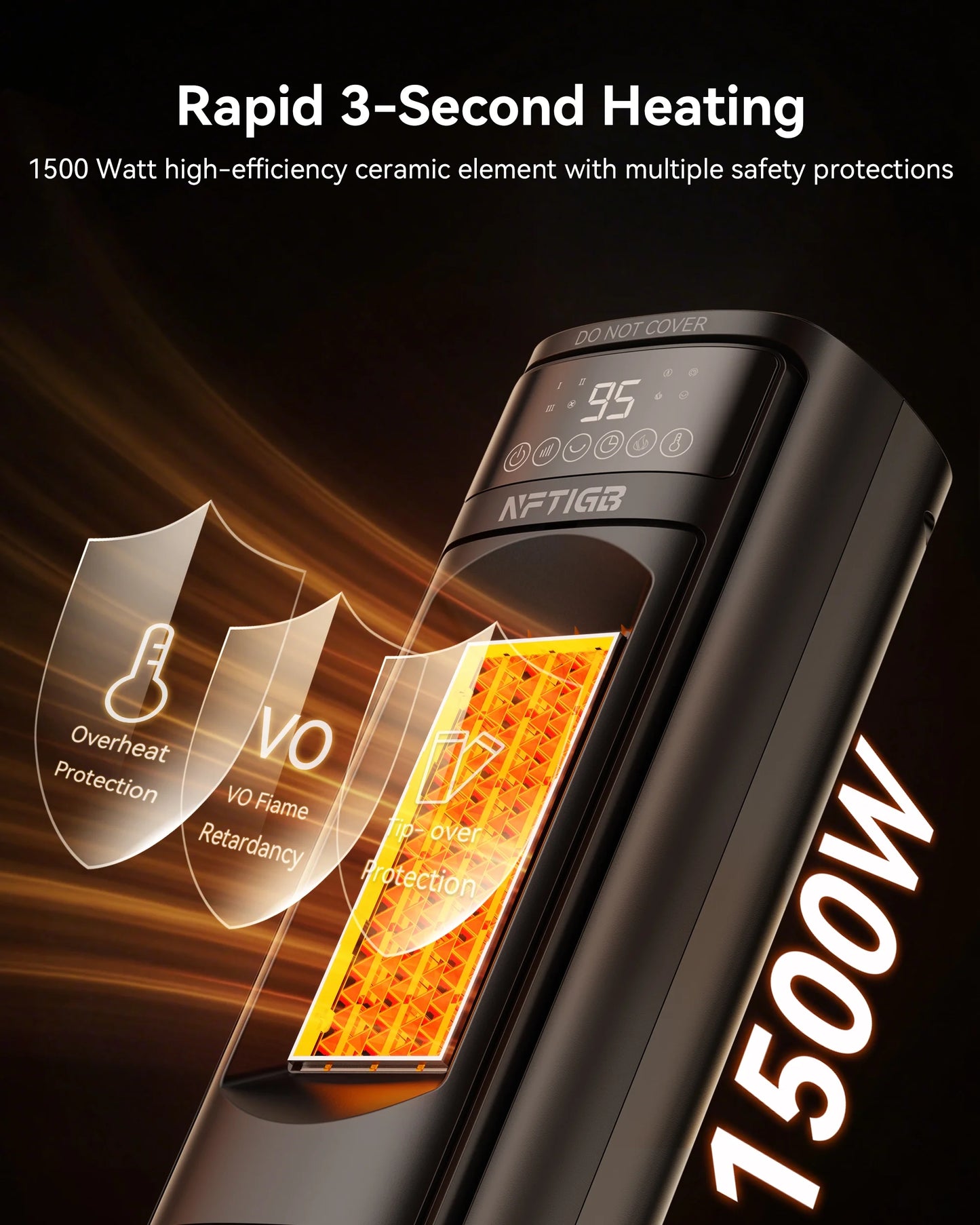 24-Inch Ceramic Space Heater with Flame Effect, 1500W with Thermostat, PTC Technology, 12-Hour Timer & Remote Control for Indoor Use in Office, Bedroom, and Living Room