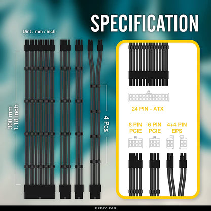 EZDIY-FAB PSU Cable Extension Kit Sleeved Cable Custom Power Supply Sleeved Extension 16 AWG 24-PIN 8-PIN 6-PIN 4+4-PIN with Combs- Black