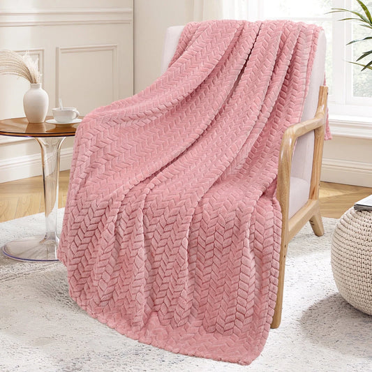 Large Jacquard Weave Flannel Fleece Throw Blanket with Leaves Pattern (50" x 70", Pink)