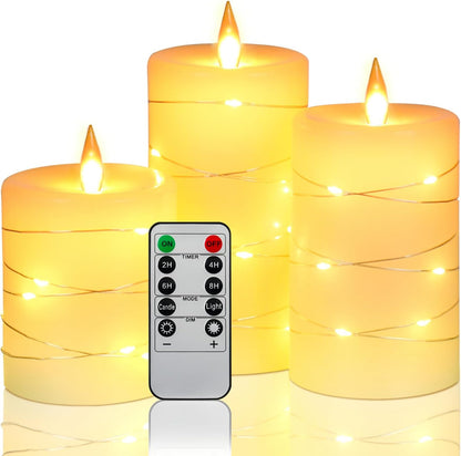 Flameless LED Candles with String Lights, Battery Operated, Flickering Effect, Remote Control and Timer, Real Wax, Set of 3 - Ivory