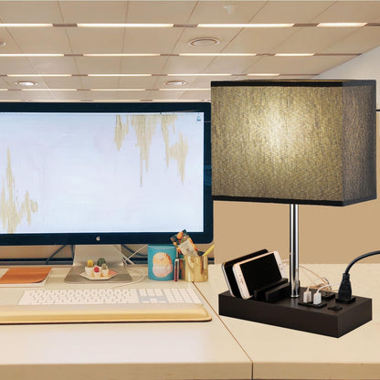 Briever USB Table Lamp: Versatile Bedside Desk Lamp with Dual AC Outlets, Triple USB Charging Ports, and Wooden Phone Stand Organizer - Perfect Nightstand Lighting Solution in Black Shade