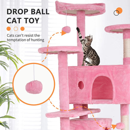 54In Kitten Activity House with Cat Scratching Posts Stand House Cat Condo with Funny Toys Pink