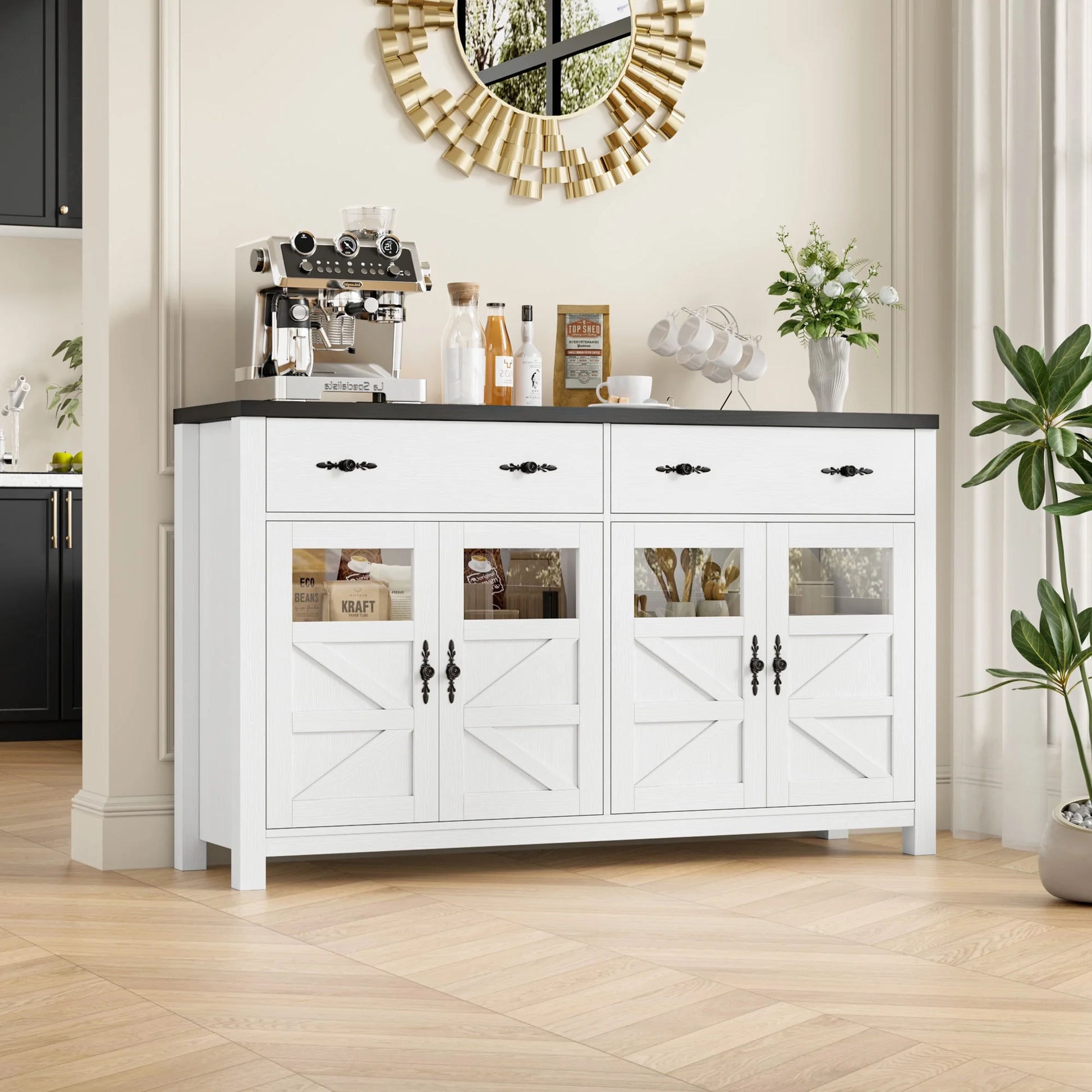 55.1" Farmhouse Kitchen Buffet Cabinet with Storage Drawer and Adjustable Shelf, Glass Door Wood Sideboard Credenza for Dining and Living Room, White and Black