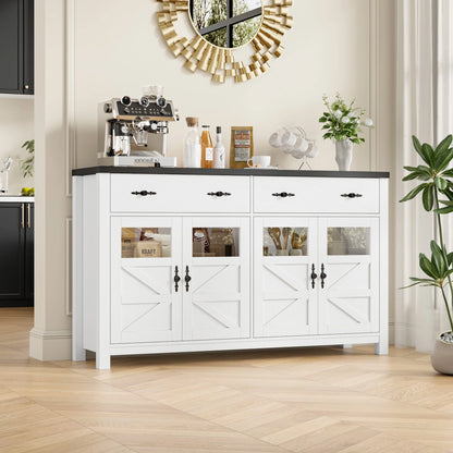 55.1" Farmhouse Kitchen Buffet Cabinet with Storage Drawer and Adjustable Shelf, Glass Door Wood Sideboard Credenza for Dining and Living Room, White and Black