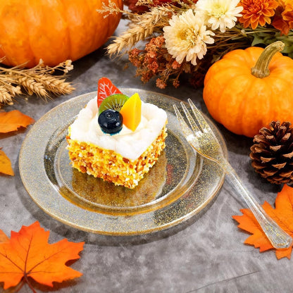 WELLIFE 120-Count Gold Glitter Plastic Dessert Plates and Forks Set, 6.5-Inch Disposable Plates and Durable Small Forks for Catering, Parties, and Weddings