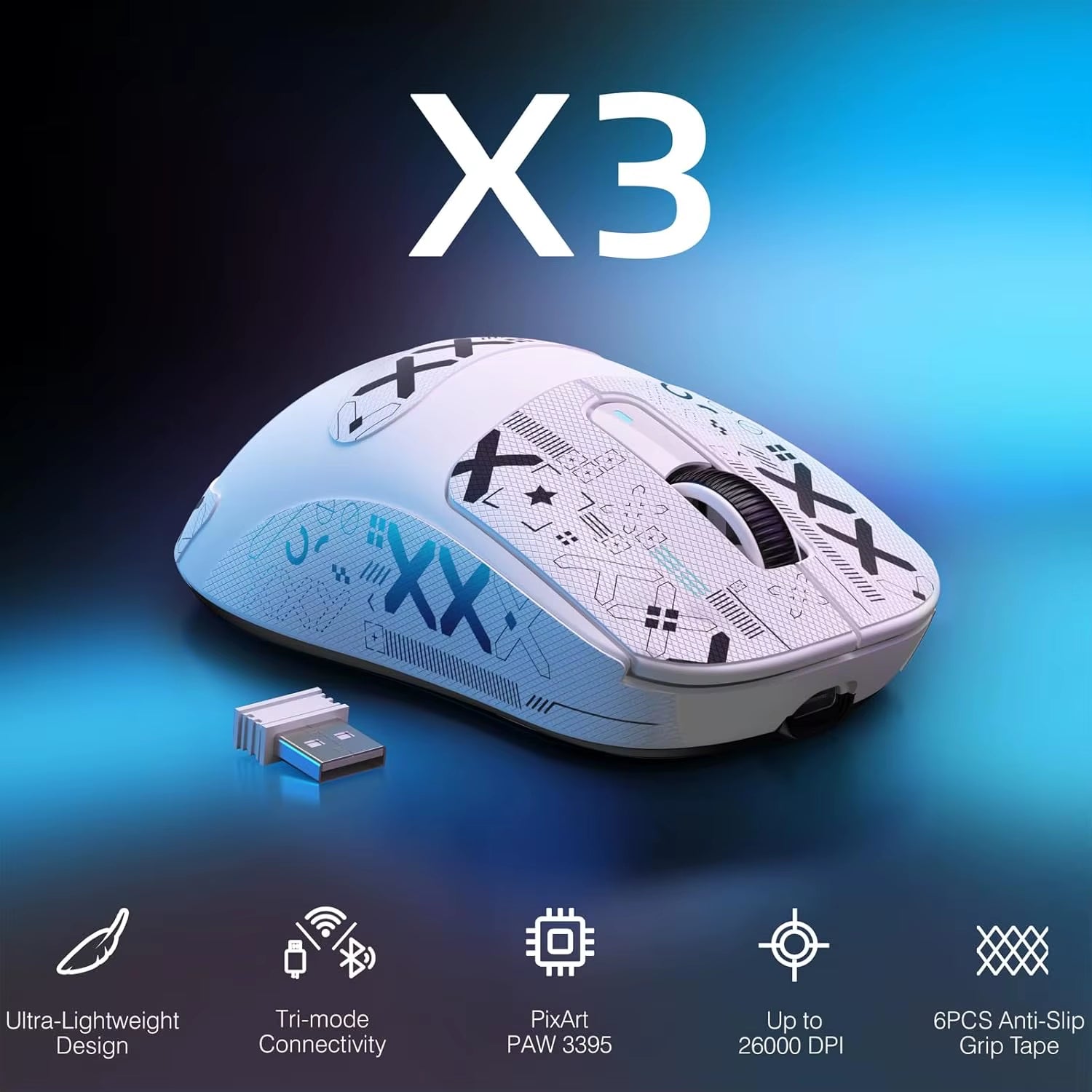 ATTACK SHARK X3 Lightweight Wireless Gaming Mouse, 49G Tri-Mode,Paw3395 26K DPI Sensor, 200H Battery Life,5 Programmable Buttons