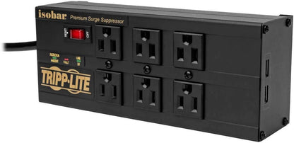 Tripp Lite Isobar 6 Outlet Surge Protector Power Strip with 2 USB Charging Ports,10Ft Long Cord,Right-Angle Plug, Metal, 3840 Joules,Lifetime Limited Warranty & $50K Insurance (Ibar6Ultrausbb)Black