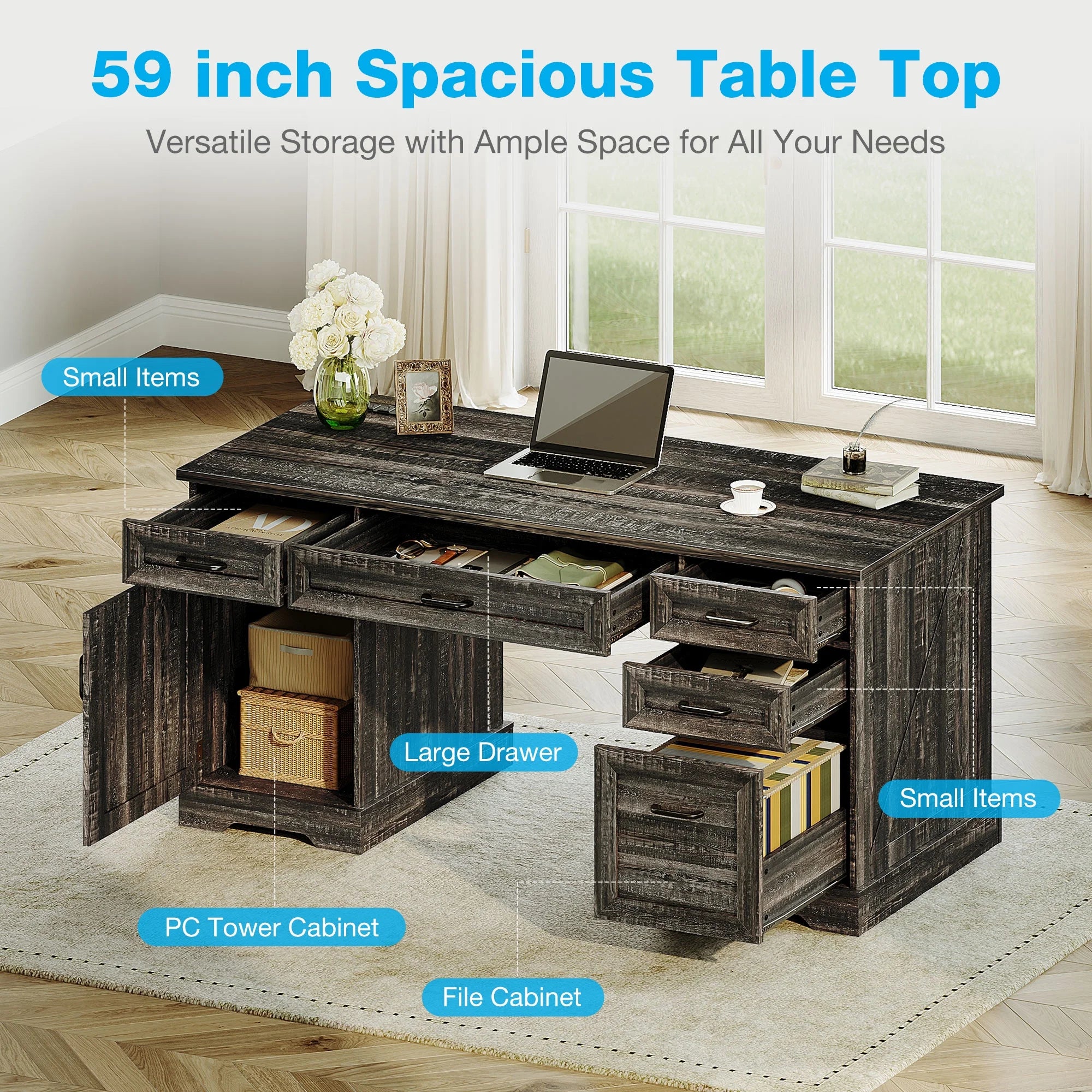 Casacomoda Home Office Desk with File Cabinet and Drawers, 59" Executive Desk with USB Power Outlet, Storage Cabinet for CPU, Workstation Table for Study, Dark Oak