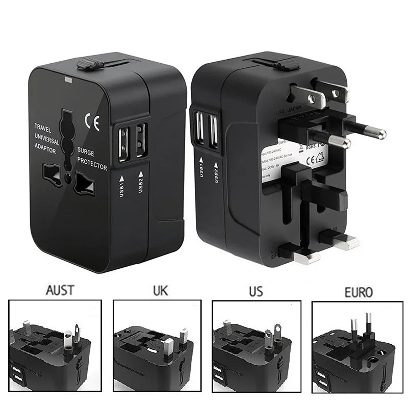 Universal Travel Adapter with Dual USB Ports - EU, UK, US, AU AC Power Charger and Outlet Converter Socket Plug