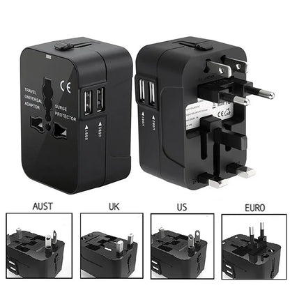 Universal Travel Adapter with Dual USB Ports - EU, UK, US, AU AC Power Charger and Outlet Converter Socket Plug