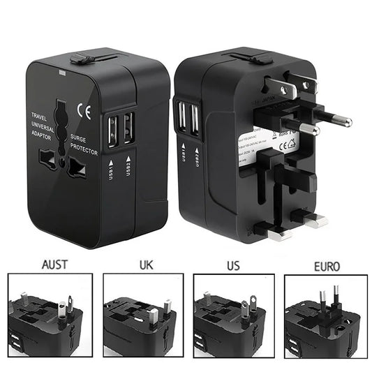Universal Travel Adapter with Dual USB Ports - EU, UK, US, AU AC Power Charger and Outlet Converter Socket Plug
