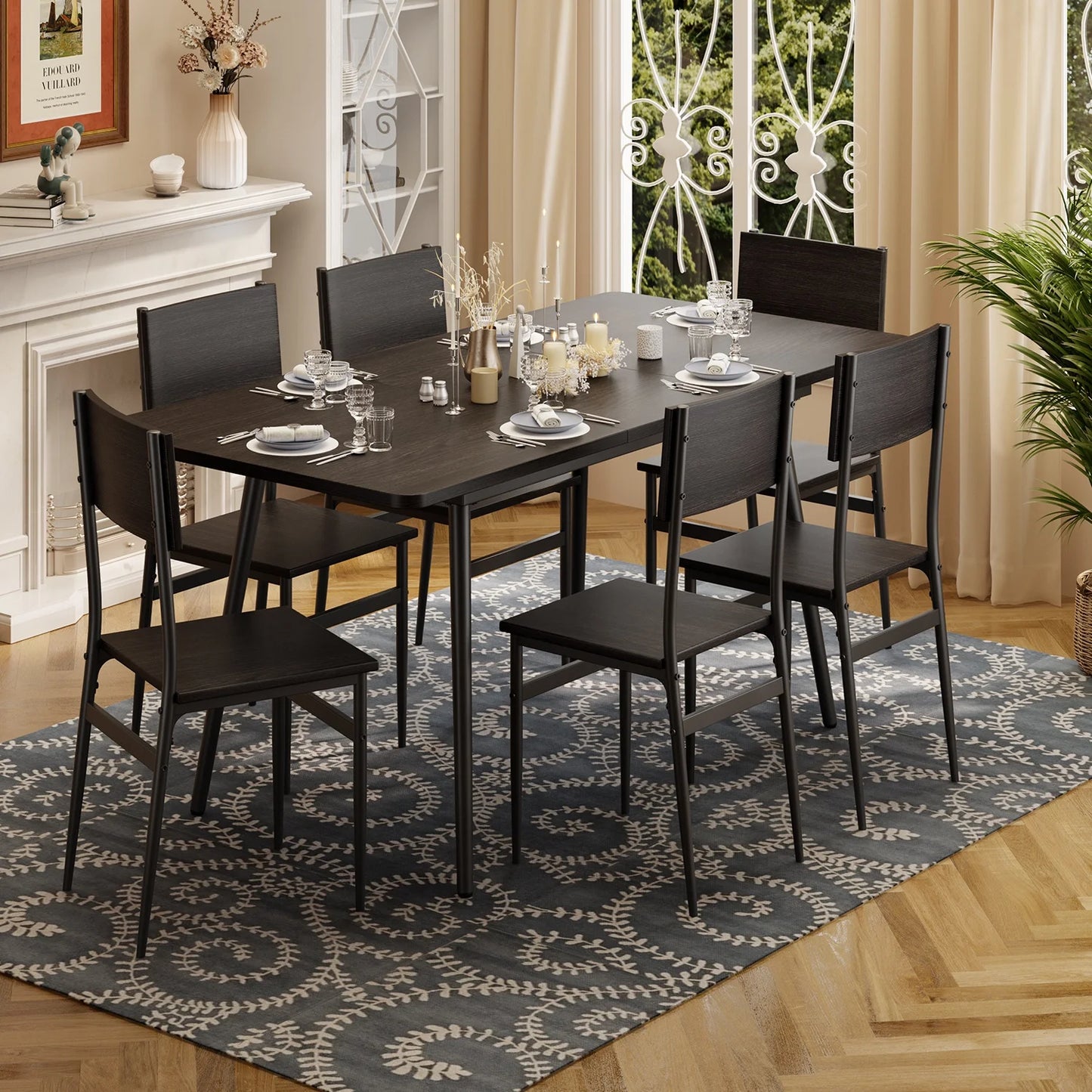 63-Inch Extendable Dining Table Set for 6 with High Back Wooden Chairs in Black