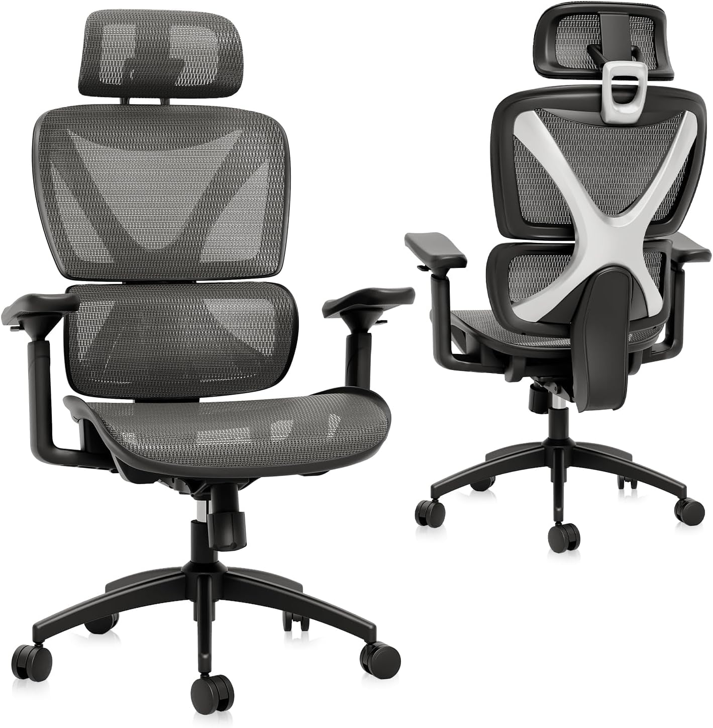 GABRYLLY Ergonomic Office Chair for Big and Tall, Mesh Design with Lumbar Support, 3D Adjustable Armrests, 215° Rotation, Adjustable Headrest, and Comfortable Seat, Supports Up to 350 lbs, Ideal for Work and Gaming - Grey