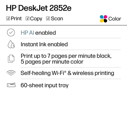 Deskjet 2852E Wireless All-in-One Color Inkjet Printer with Scanner and Copier, Includes 3 Months Free Instant Ink