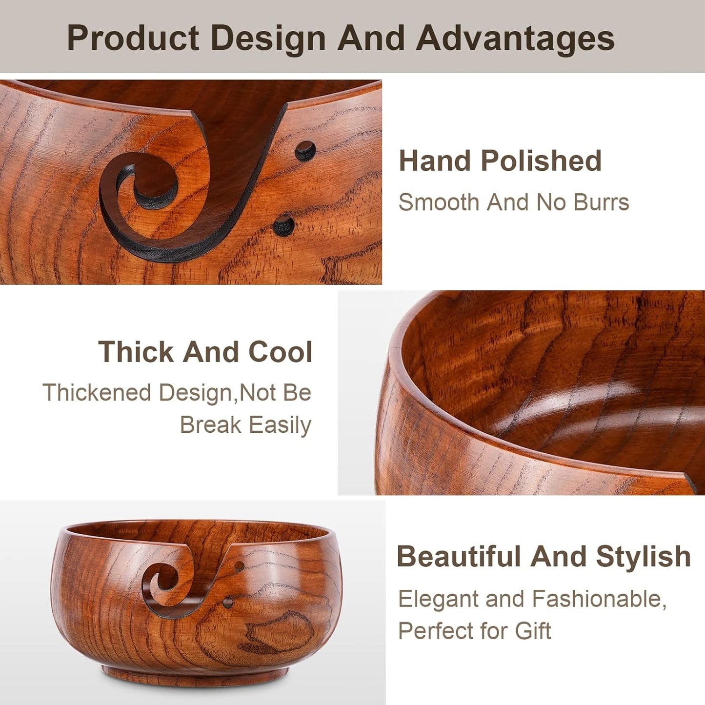 Wooden Knitting Yarn Bowl with Holes for Organized Storage