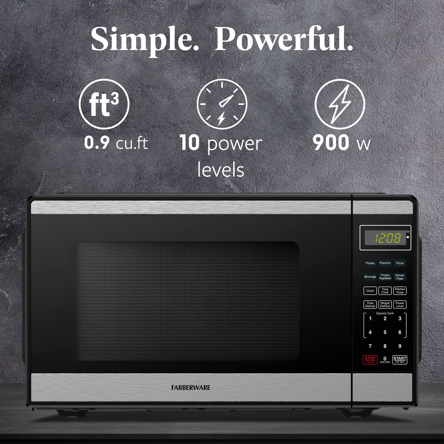 0.9 Cu. Ft. Black and Stainless Steel Countertop Microwave with 900W Power, Child Lock, Defrost, and Auto Cook Menu Options