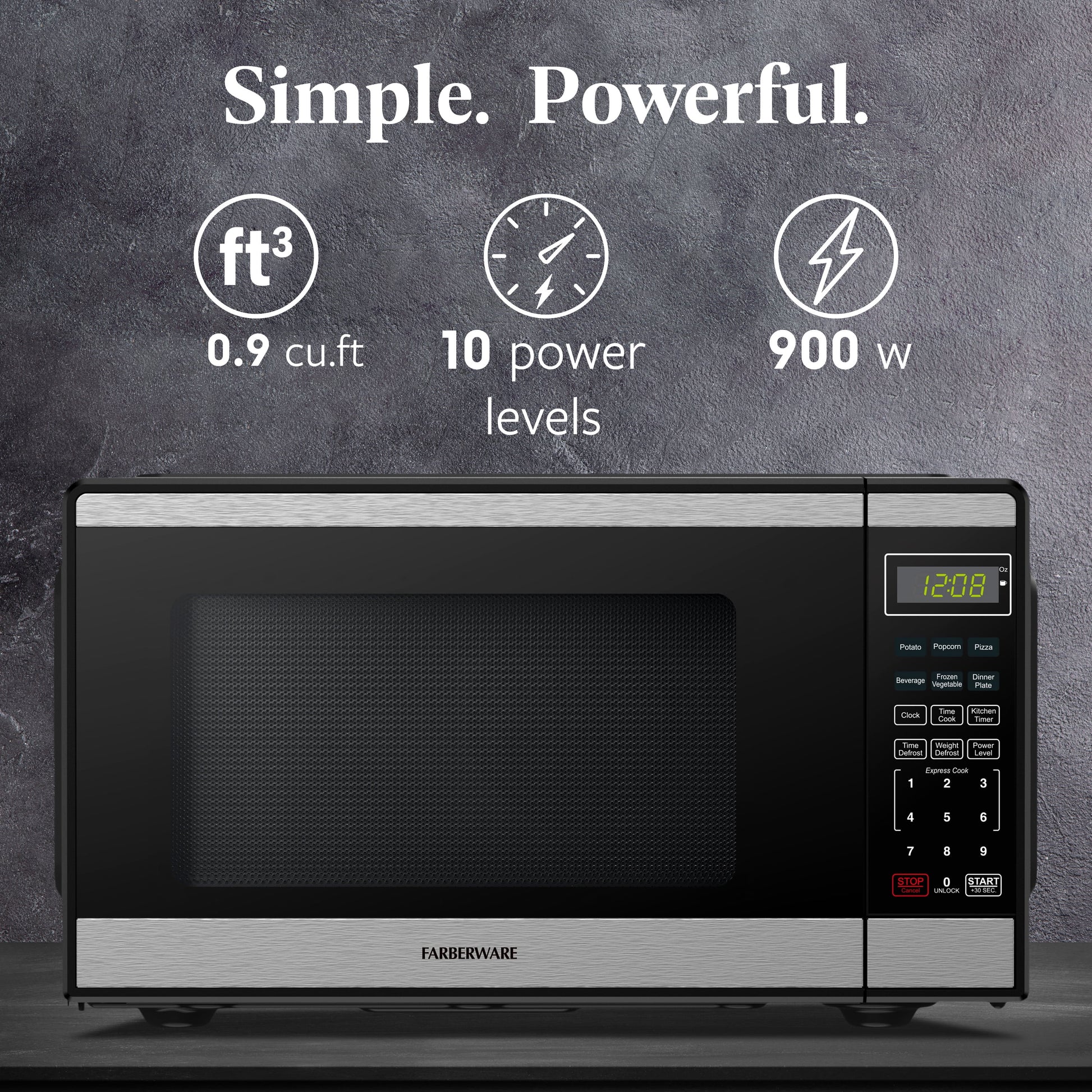 0.9 Cu. Ft. Black and Stainless Steel Countertop Microwave with 900W Power, Child Lock, Defrost, and Auto Cook Menu Options