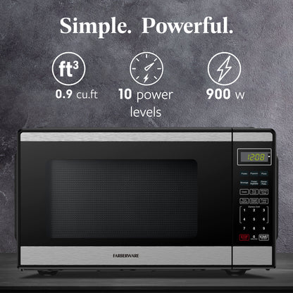 0.9 Cu. Ft. Black and Stainless Steel Countertop Microwave with 900W Power, Child Lock, Defrost, and Auto Cook Menu Options