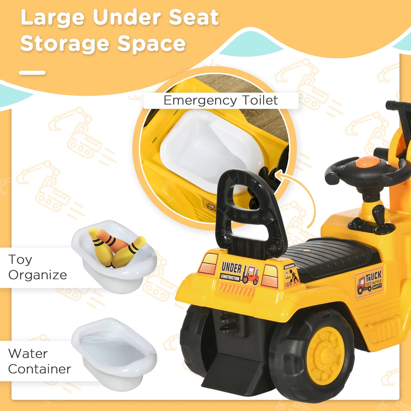 NO Power 3 in 1 Ride on Toy Excavator Digger Scooter Pulling Cart Pretend Play Construction Truck