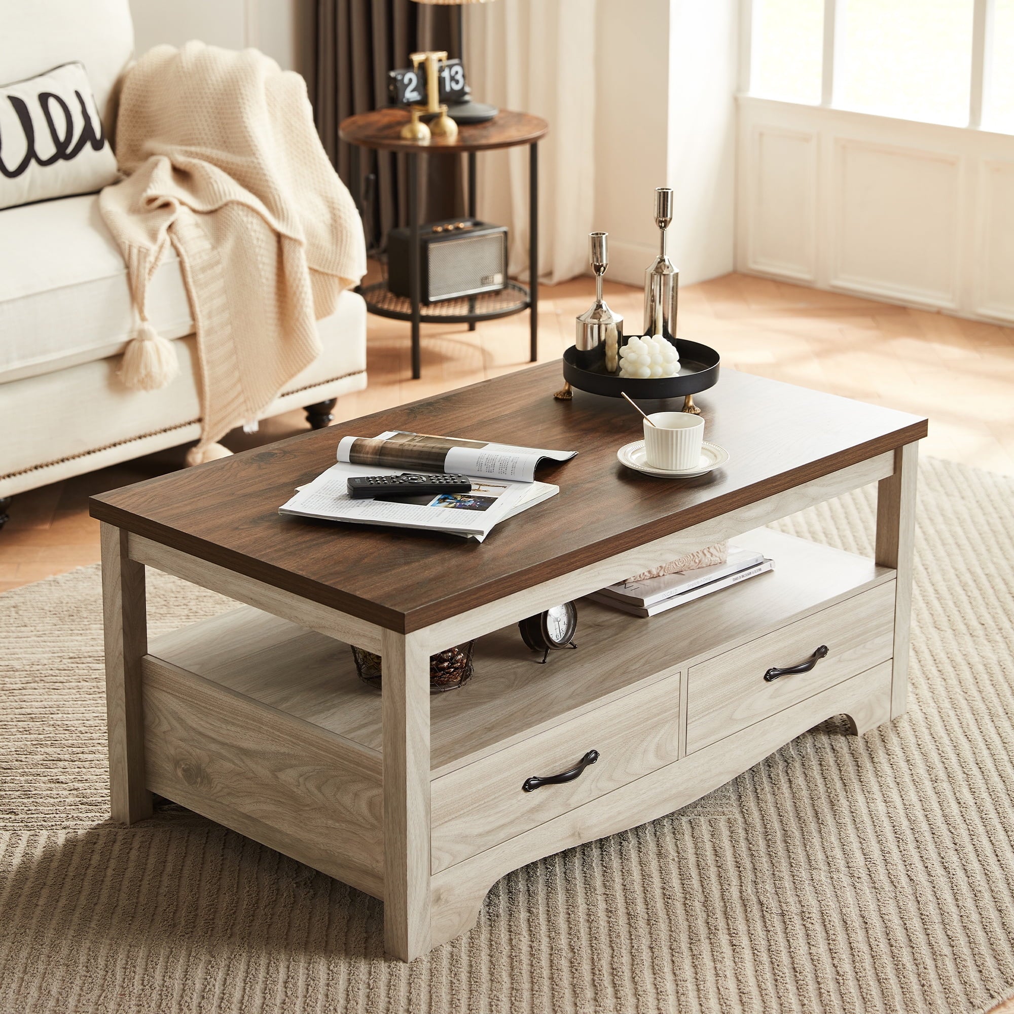 LINSY HOME Coffee Table with Storage Drawers, Wooden Farmhouse TV Stand Center Table for Living Room, Oak White
