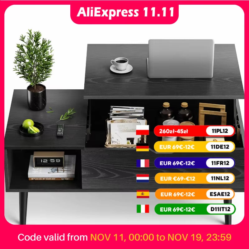 JHK Adjustable Lift-Top Coffee Table for Living Room - 39.37" x 19.7" with Storage Shelf and Easy Lift Mechanism