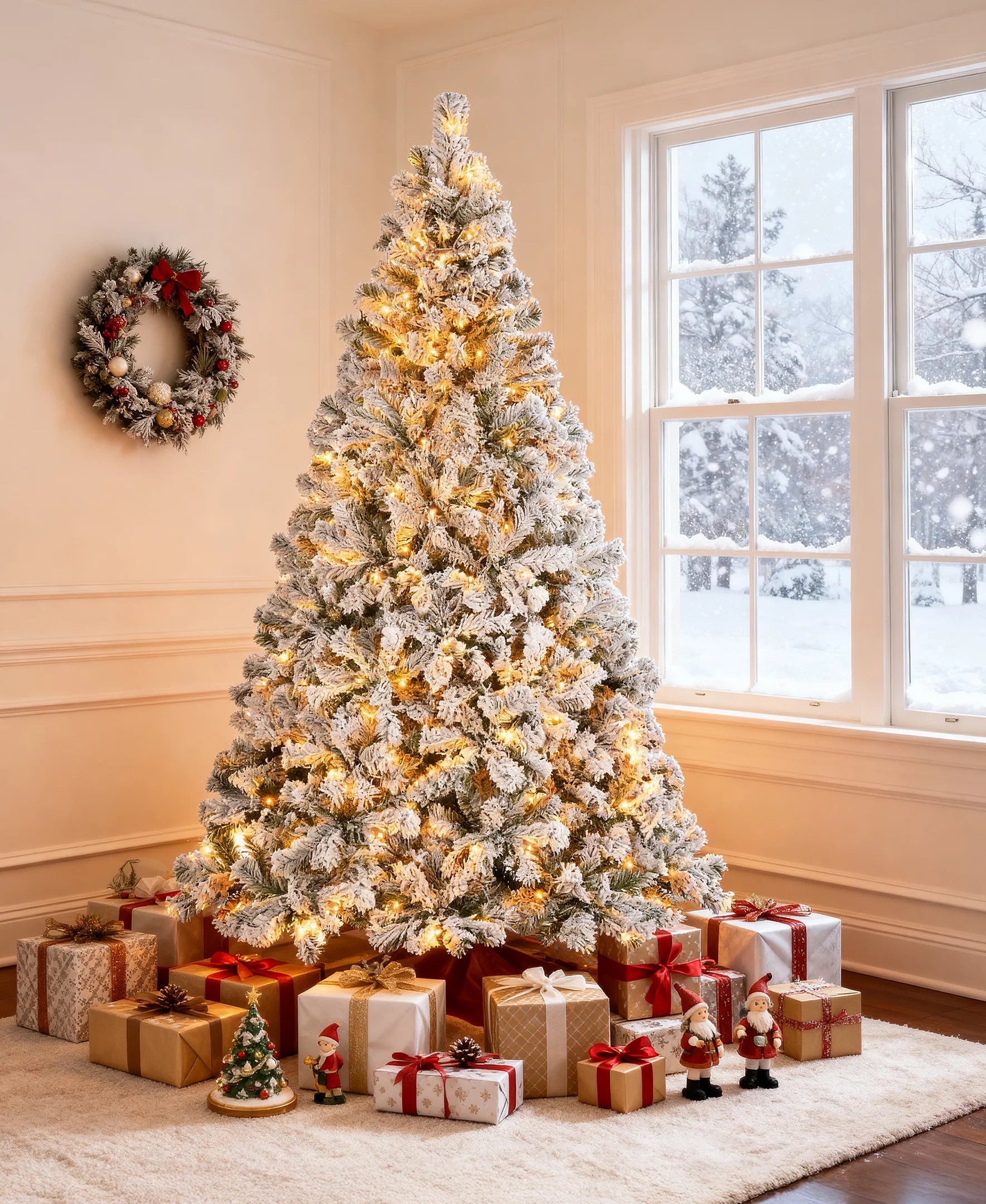 6-Foot Pre-Lit Snow Flocked Christmas Tree Featuring 250 Warm White Lights and 1000 Branch Tips