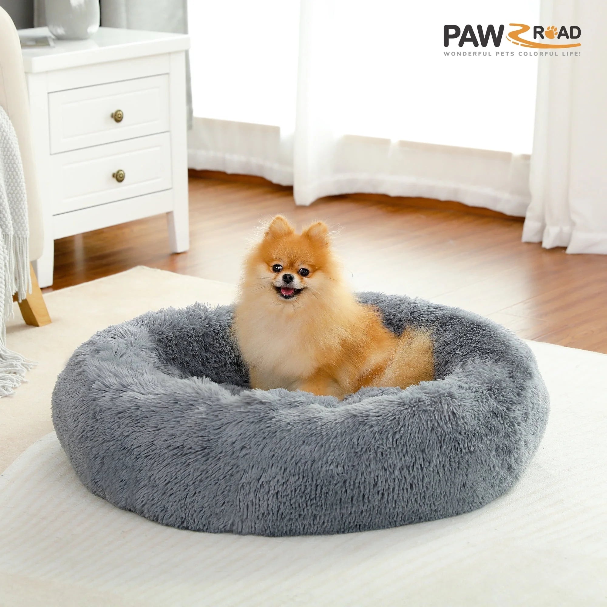 PAWZ Road Calming Donut Dog Bed Anti-Anxiety Plush Pillow round Puppy Cat Bed 30" for Pets up to 45Lbs,Gray