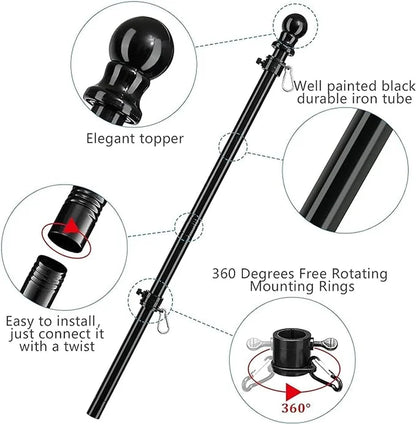 Black Flag Pole Kit for House with American Flag, 5FT Tangle Free Metal Flag Poles, 3X5 Embroidered US Flag and Holder