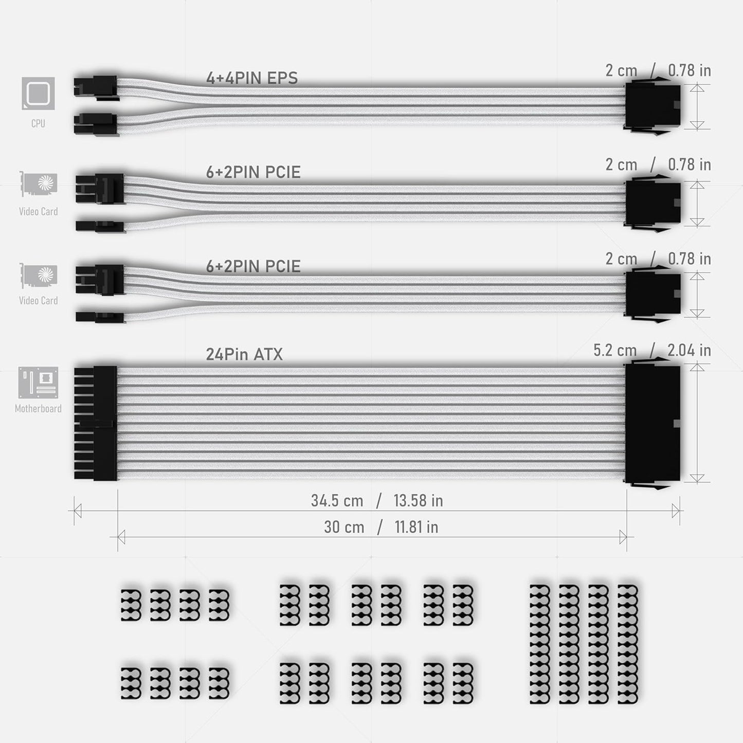 EZDIY-FAB PSU Extension Cable Sleeved Custom Mod PC Power Supply Cable, Soft Nylon Braided with Comb Kit 24PIN/8PIN to 6+2Pin/ 8PIN to 4+4PIN-30CM 300MM - White