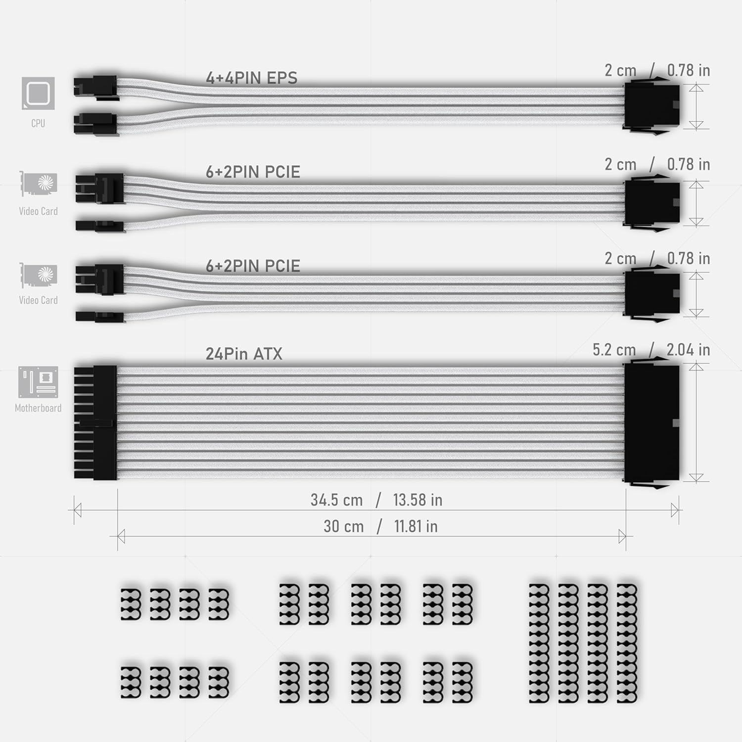 EZDIY-FAB PSU Extension Cable Sleeved Custom Mod PC Power Supply Cable, Soft Nylon Braided with Comb Kit 24PIN/8PIN to 6+2Pin/ 8PIN to 4+4PIN-30CM 300MM - White