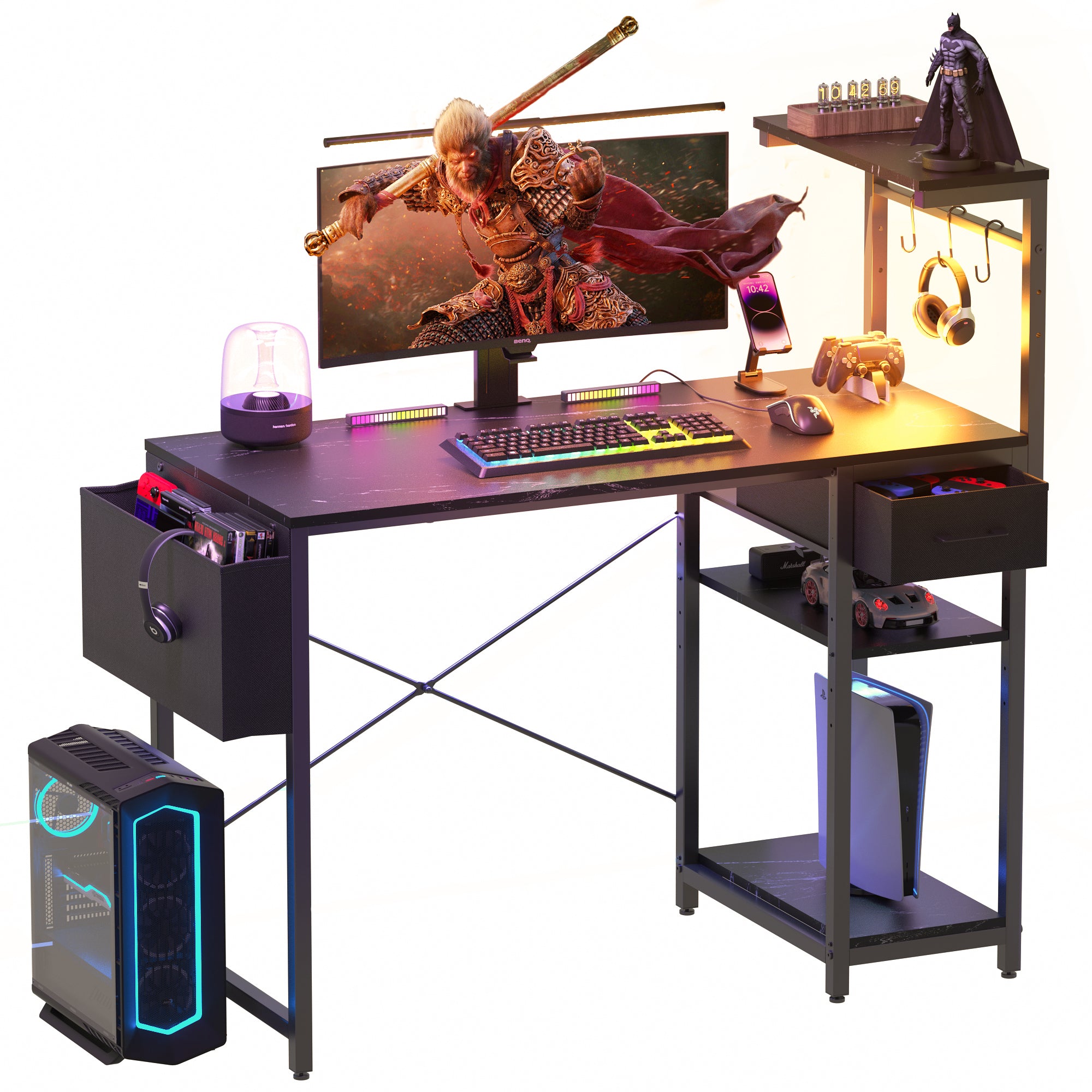 Eunon 44" Gaming Desk with LED Lights, Reversible 4 Tier Storage Shelves & Drawer Computer Desk,Black Marble