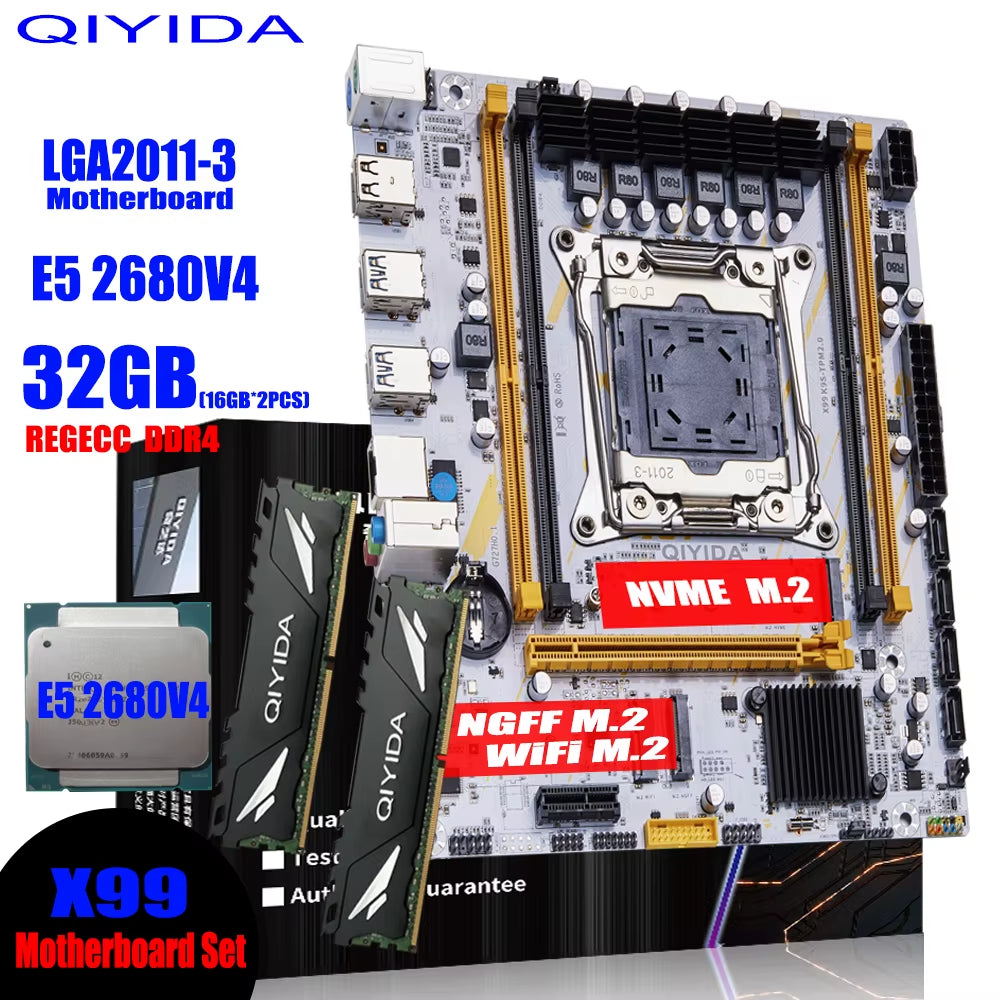 QIYIDA X99 Motherboard LGA 2011-3 Set Kit Xeon E5 2680 V4 CPU Processor 32G=2*16G DDR4 REG ECC RAM Memory NVME M.2 TPM2.0 Plug