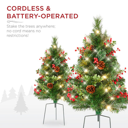 Set of 2 24.5-Inch Outdoor Pathway Christmas Trees with LED Lights, Berries, Pine Cones, and Ornaments