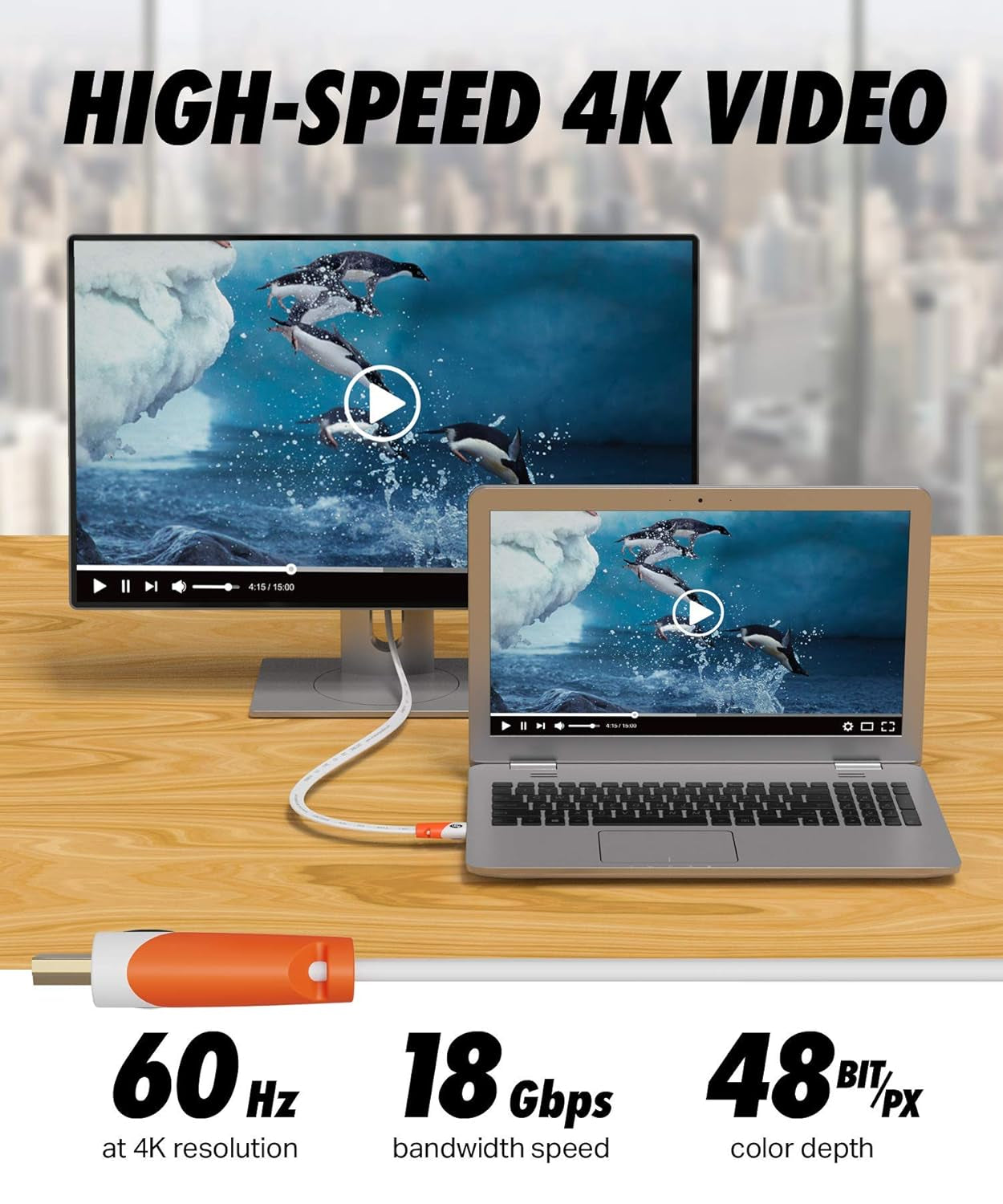 Ultra Clarity Cables Flat HDMI Cable 1.5 Ft (2 Pack) - High-Speed HDMI Cord Supporting 4K Video at 60 Hz, 3D, 2160P - Compliant with HDMI Latest Standard and HDCP 2.2, CL3 Rated