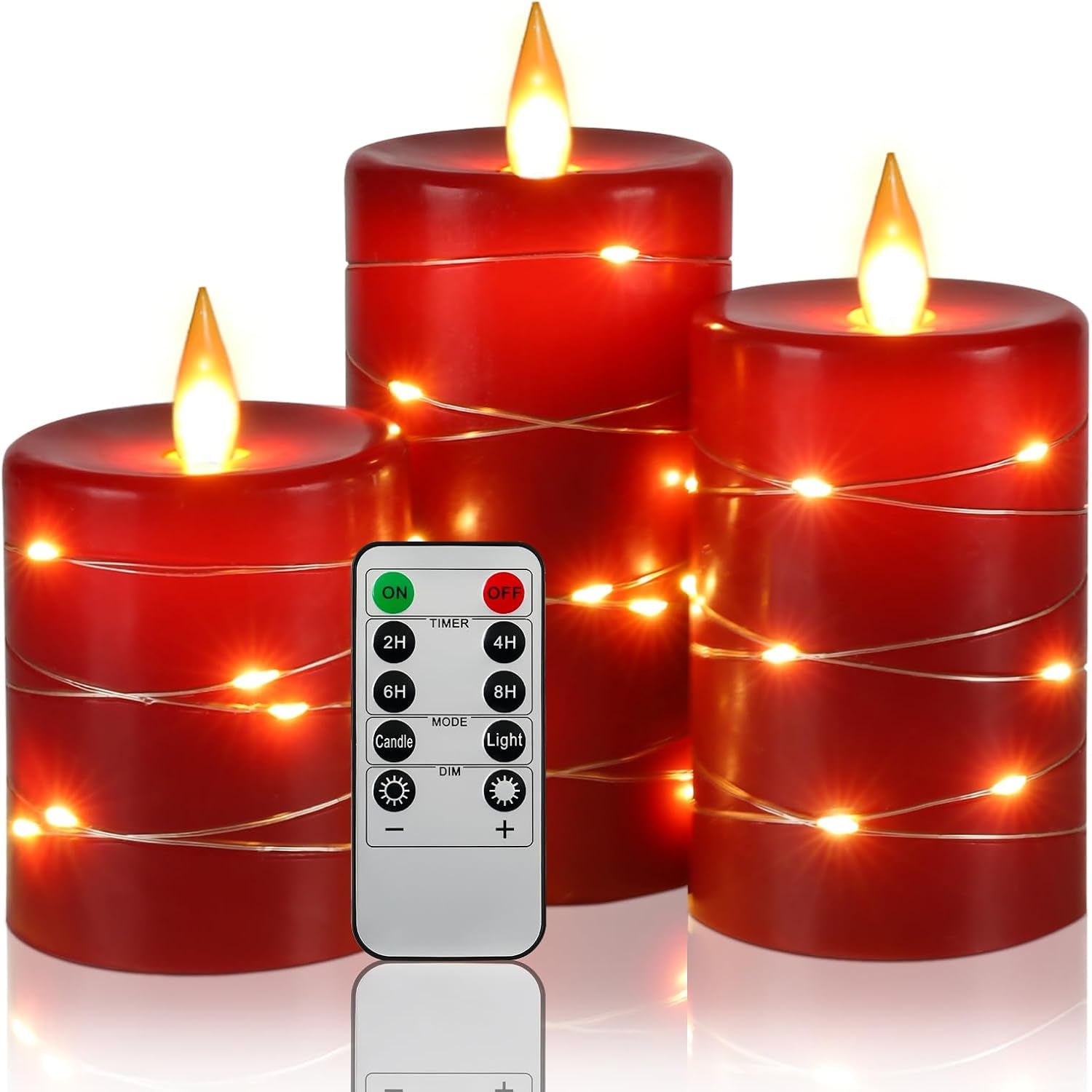 Flameless LED Candles with String Lights, Battery Operated, Flickering Effect, Remote Control and Timer, Real Wax, Set of 3 - Ivory