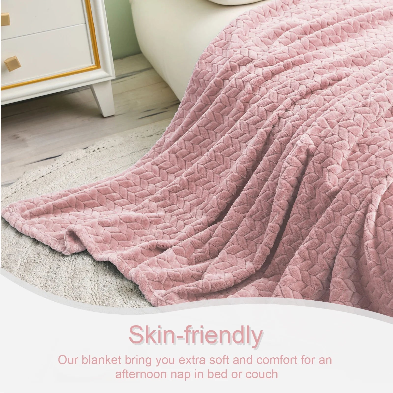 Large Jacquard Weave Flannel Fleece Throw Blanket with Leaves Pattern (50" x 70", Pink)