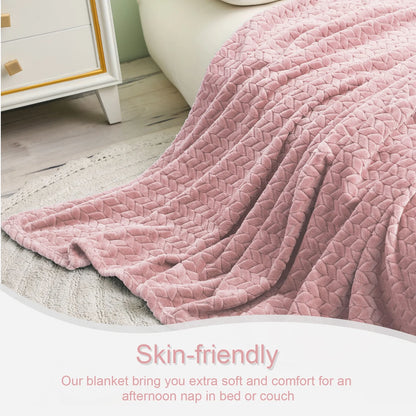 Large Jacquard Weave Flannel Fleece Throw Blanket with Leaves Pattern (50" x 70", Pink)