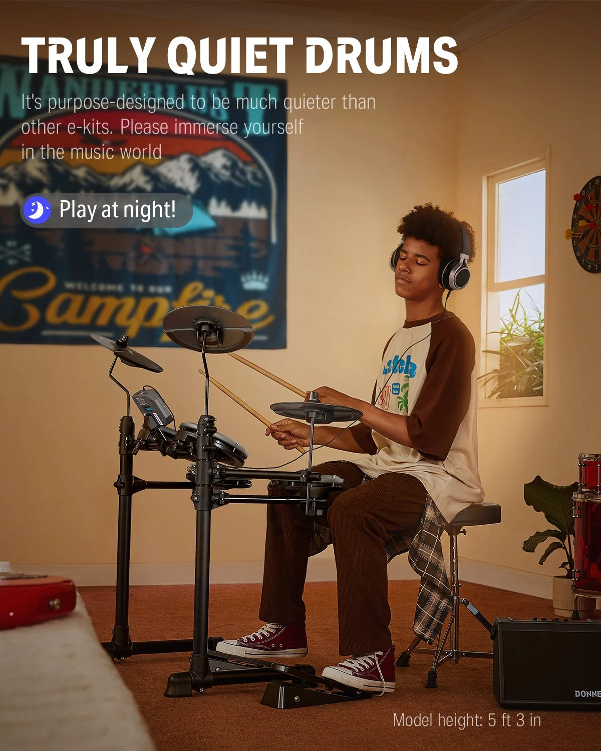 Electric Drum Set for Beginner with 180+ Sounds, Quiet Mesh Kid Child Students Electronic Drum Kit with Heavy Duty Pedals, On-Ear Headphones, DED-80 Gray