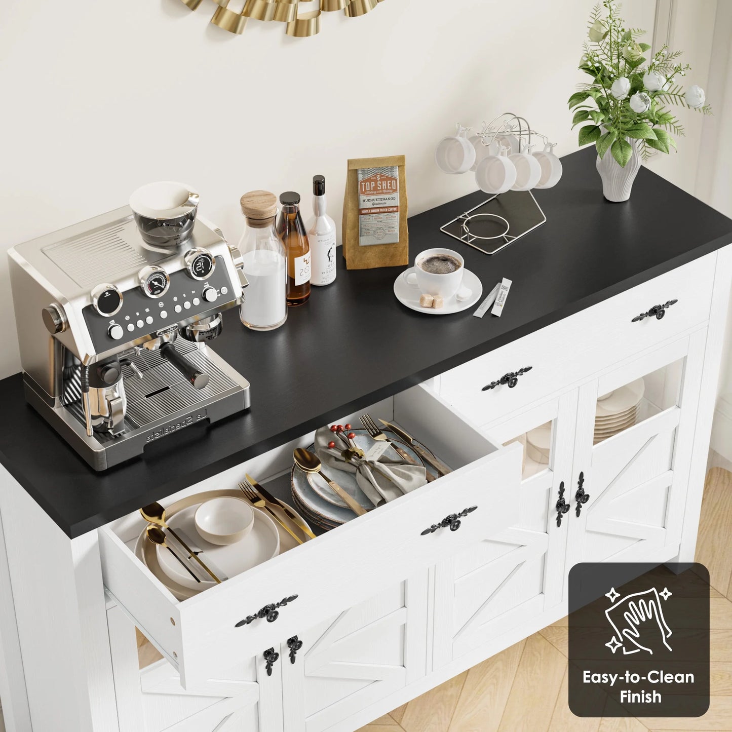 55.1" Farmhouse Kitchen Buffet Cabinet with Storage Drawer and Adjustable Shelf, Glass Door Wood Sideboard Credenza for Dining and Living Room, White and Black