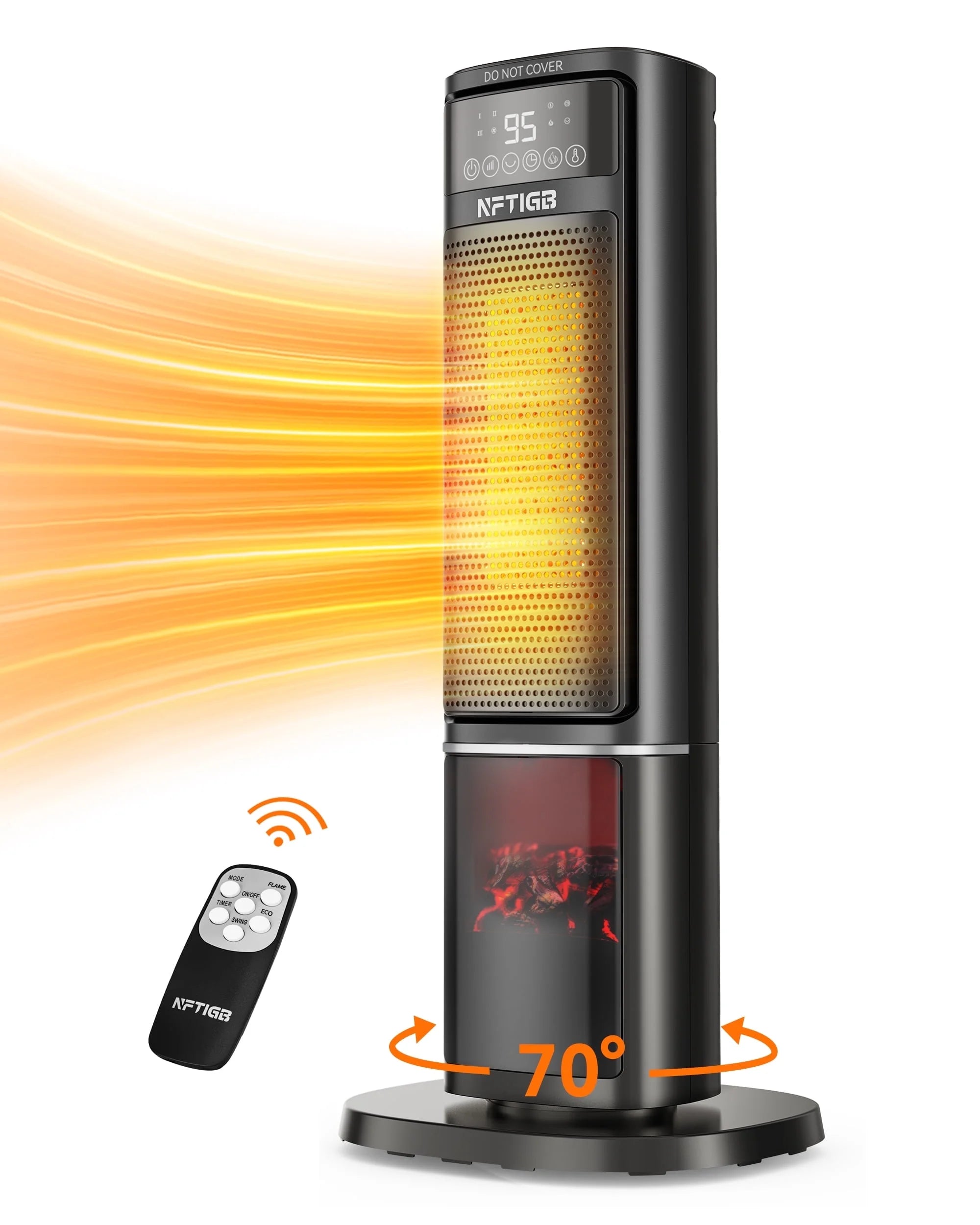 24-Inch Ceramic Space Heater with Flame Effect, 1500W with Thermostat, PTC Technology, 12-Hour Timer & Remote Control for Indoor Use in Office, Bedroom, and Living Room