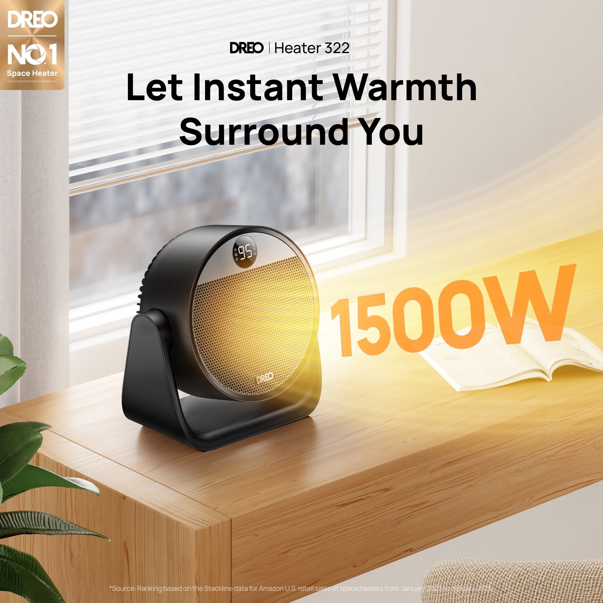 1500W Electric Space Heater with Adjustable 60° Tilt, Thermostat, 12-Hour Timer, Remote Control, and 8 Safety Features for Home and Office Use