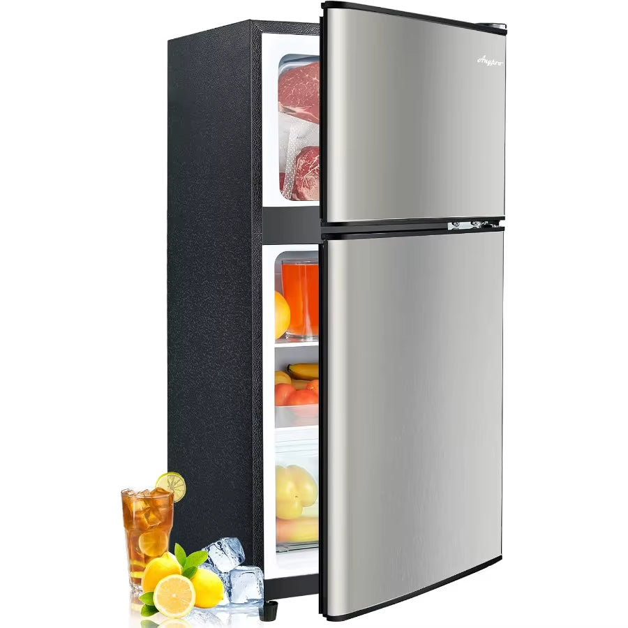 3.2 Cu.Ft Double Door Fridge with Freezer for Bedroom Office Dorm and Apartment Portable Refrigerator with 7 Temperature Settin