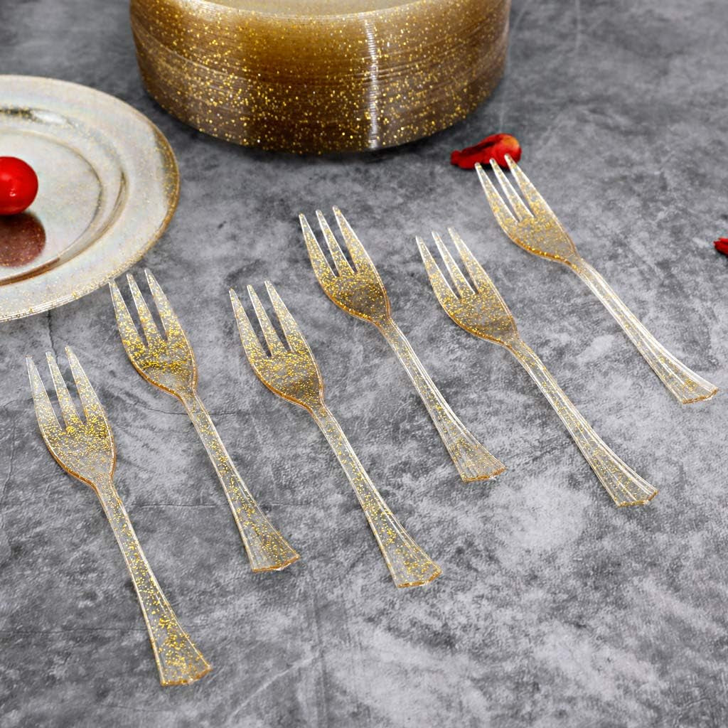 WELLIFE 120-Count Gold Glitter Plastic Dessert Plates and Forks Set, 6.5-Inch Disposable Plates and Durable Small Forks for Catering, Parties, and Weddings