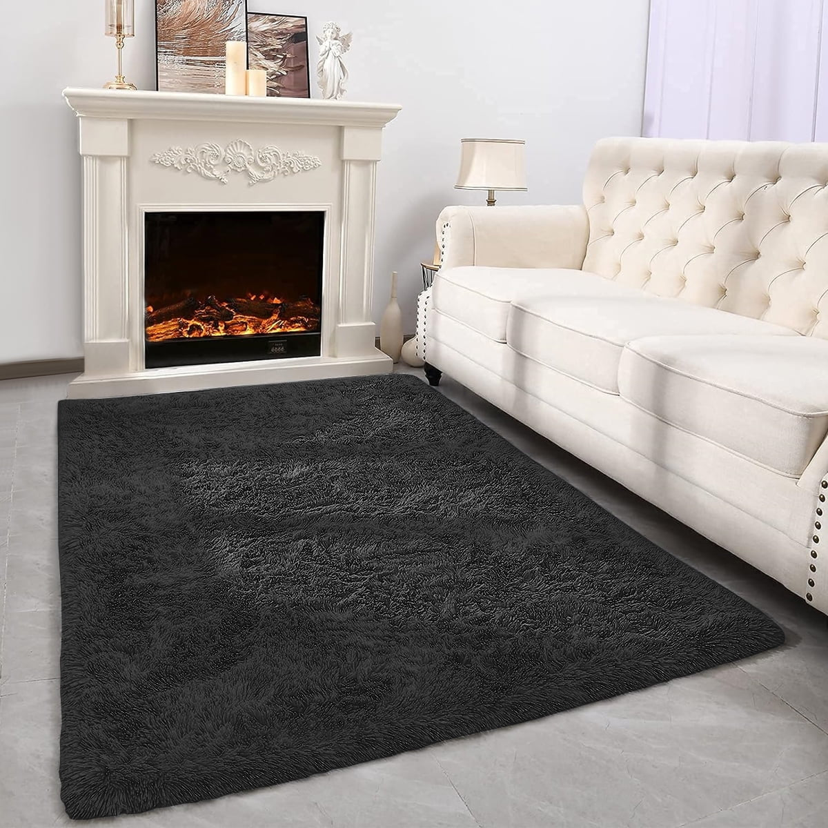 Cshidworld Area Rugs for Living Room Bedroom, 5X8 Ultra Soft Comfy Fluffy Thickened Memory-Foam Indoor Carpets, Modern Aesthetic Minimalist Carpet for Teen Adults Apartment Bedroom Home Decor, Black