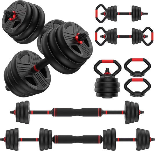 70-Lb Multi-Functional Free Weight Set with Connector – 5-in-1 Dumbbells for Barbell, Kettlebell, Push-Up Stand, and Home Fitness Exercises for Men and Women