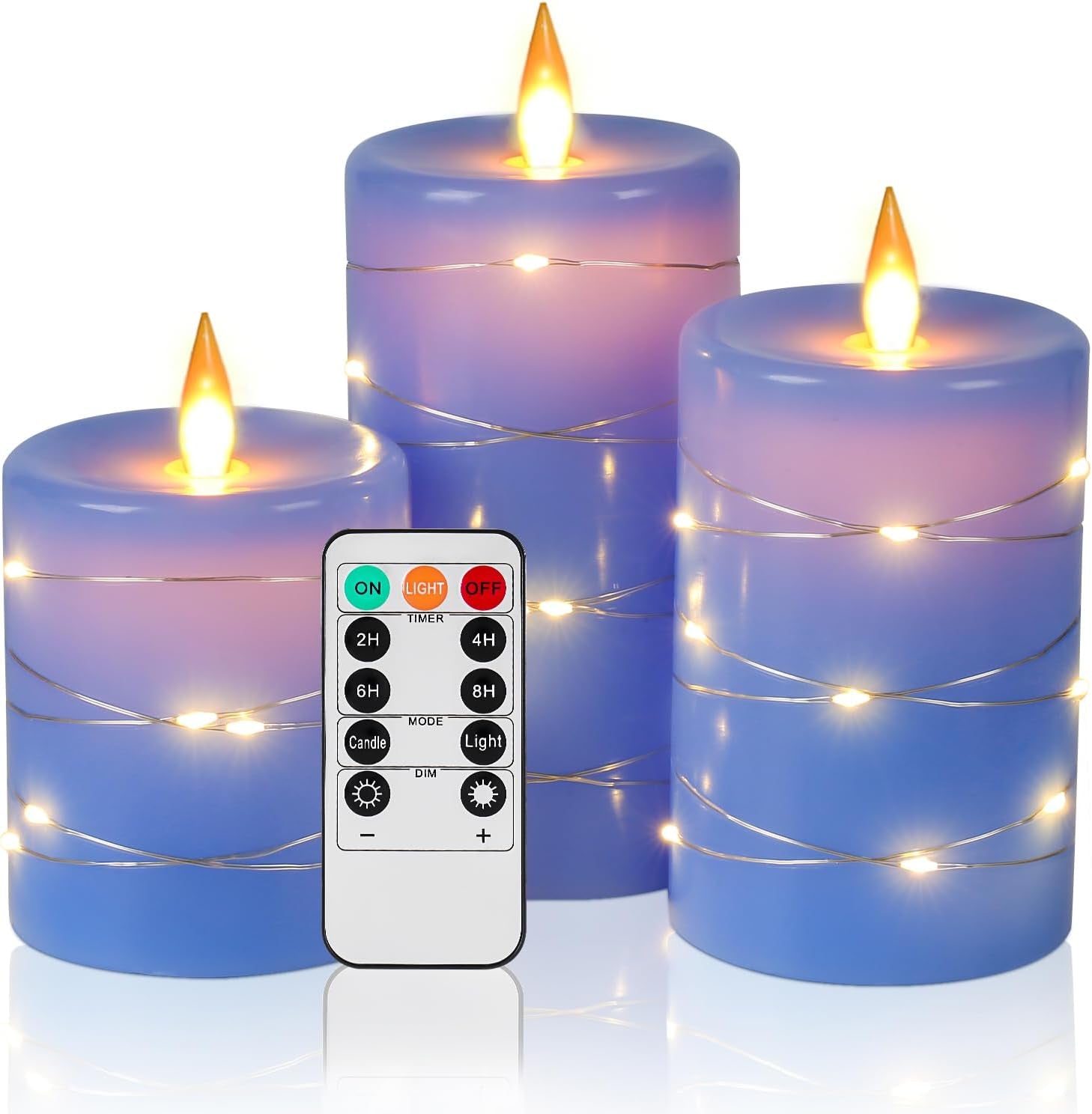Flameless LED Candles with String Lights, Battery Operated, Flickering Effect, Remote Control and Timer, Real Wax, Set of 3 - Ivory