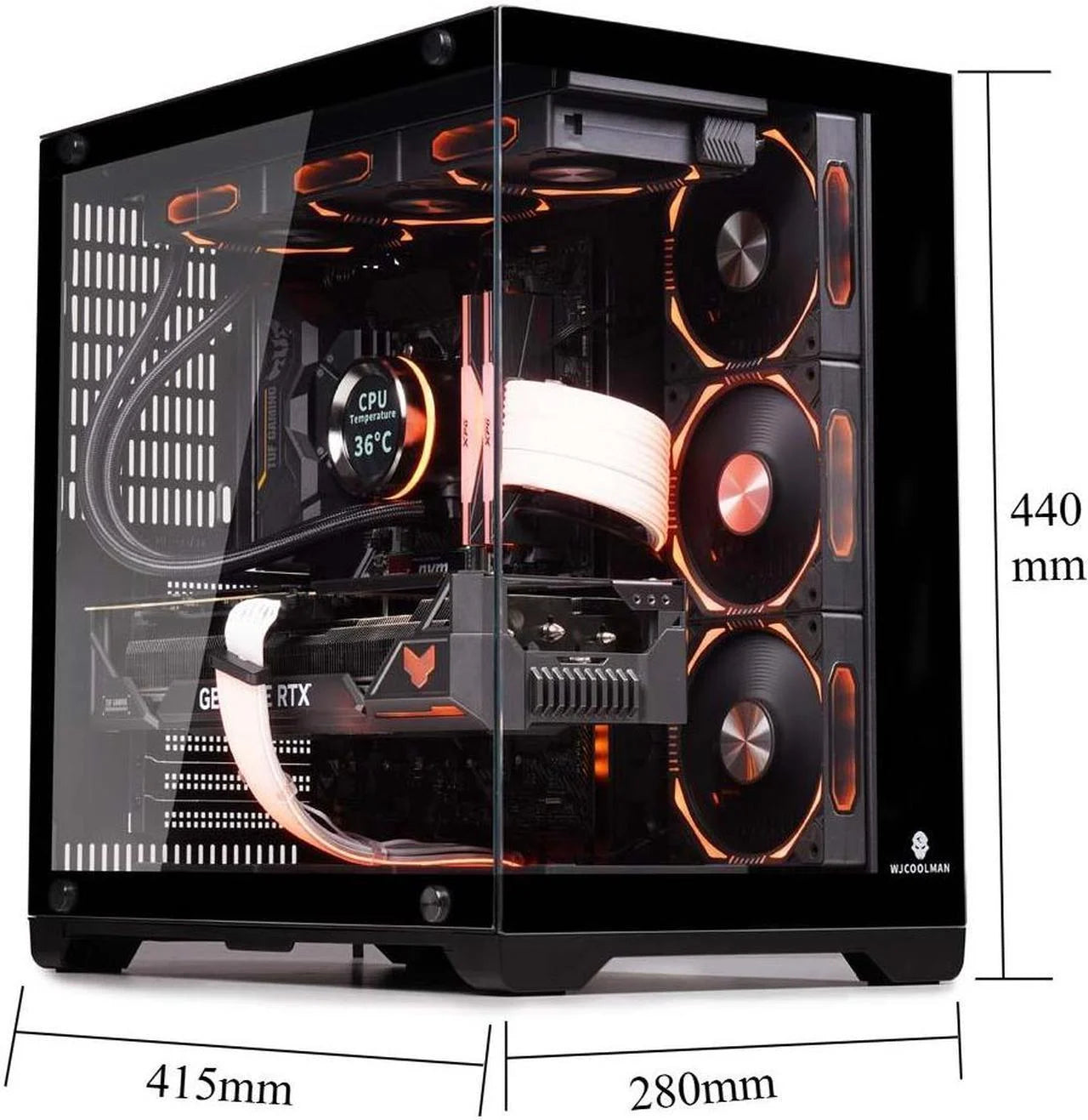 WJCOOLMAN Lonely Warrior PRO Black Computer Case Panoramic Version 2 Sides Transparent Glass Gaming Chassis Support 10 Fan Positions 360 AIO Support ATX/M-ATX Gming Case High-Airflow Design